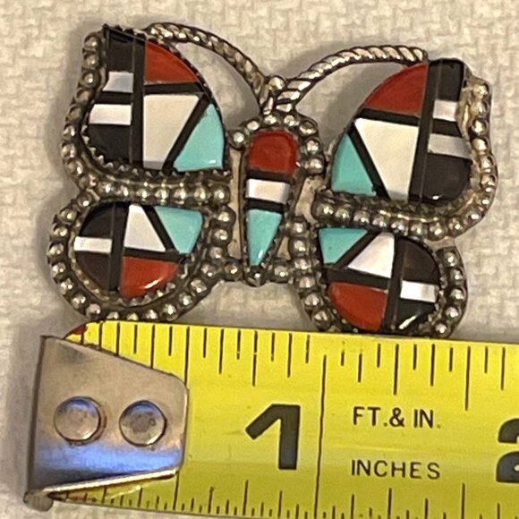 Zuni Native American Inlay Gemstones Butterfly Pin Brooch Pendant Signed Silver - Picture 12 of 13